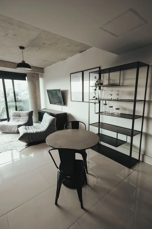 Premium open interior with shelving and dining table